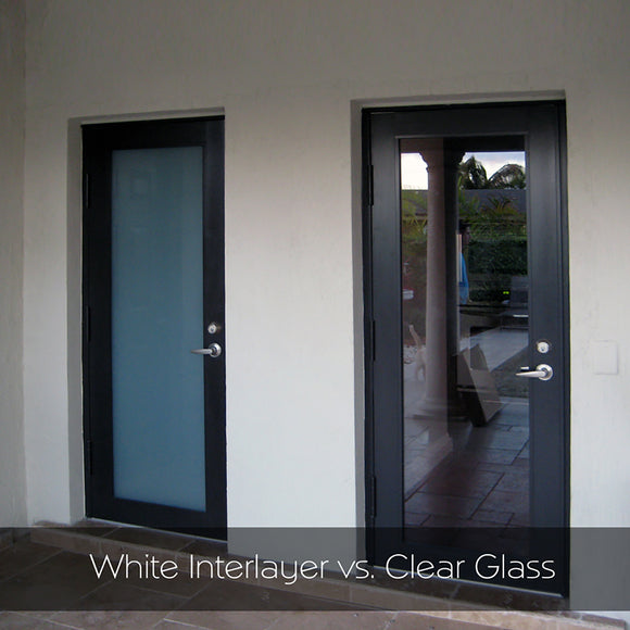 Privacy versus clear glass options for impact-resistant doors.